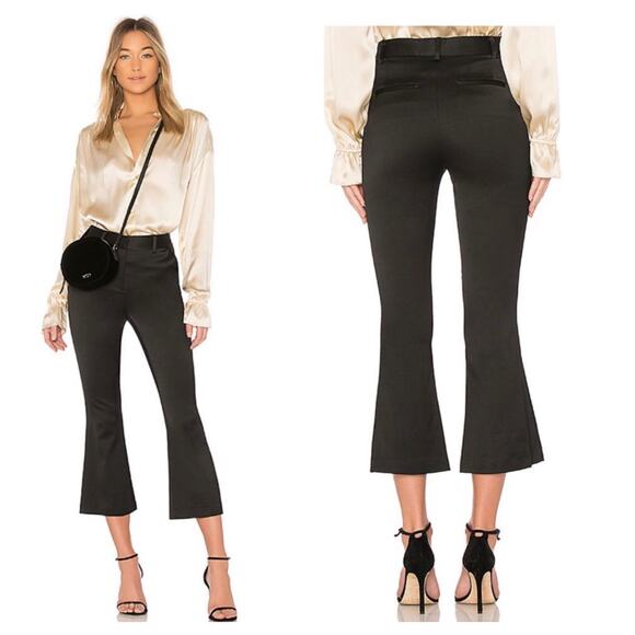 Frame Sateen Crop Flare Trouser Size 4 Noir Black Wool Blend High Rise Preppy - Picture 1 of 14